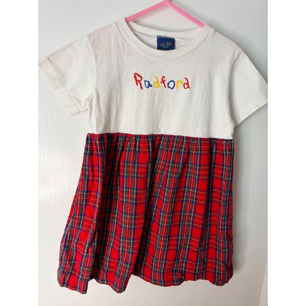 Tiny Trau Vintage Girls 4T Radford Plaid T-Shirt Dress White Red Made in USA